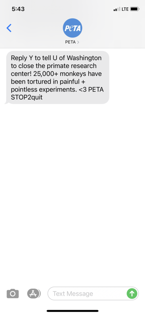 PETA Text Message Marketing Example - 02.11.2021