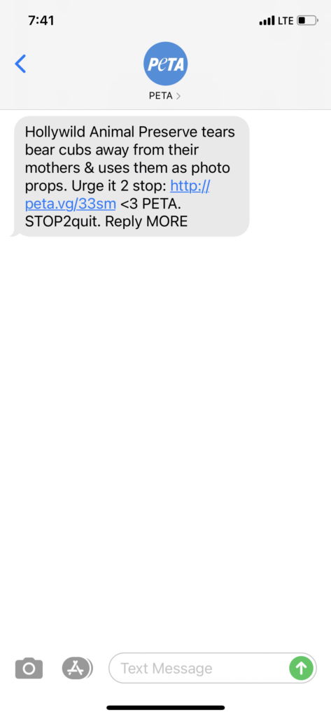 PETA Text Message Marketing Example - 04.21.2021