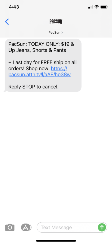 PacSun Text Message Marketing Example - 04.04.2021
