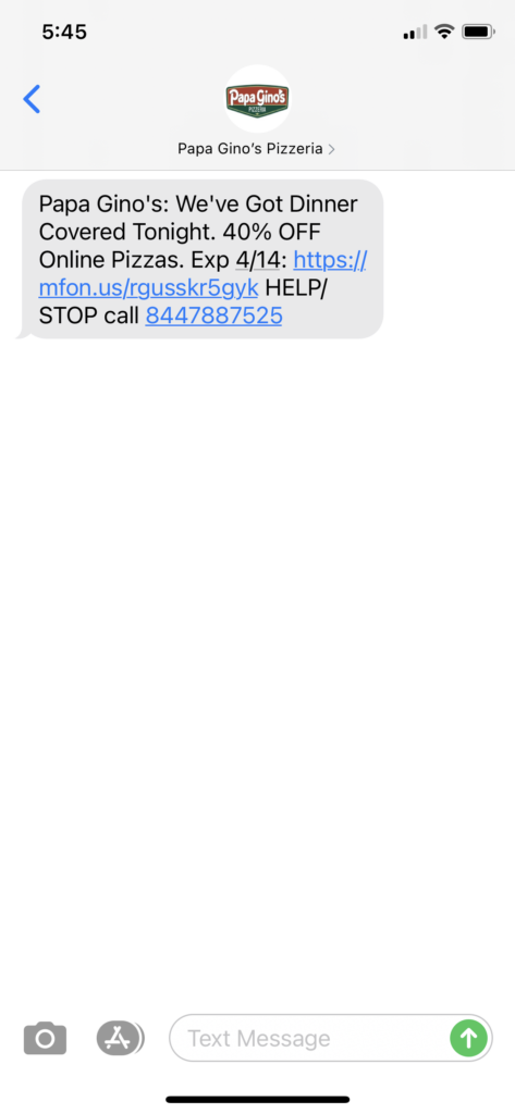 Papa Gino's Text Message Marketing Example - 04.12.2021
