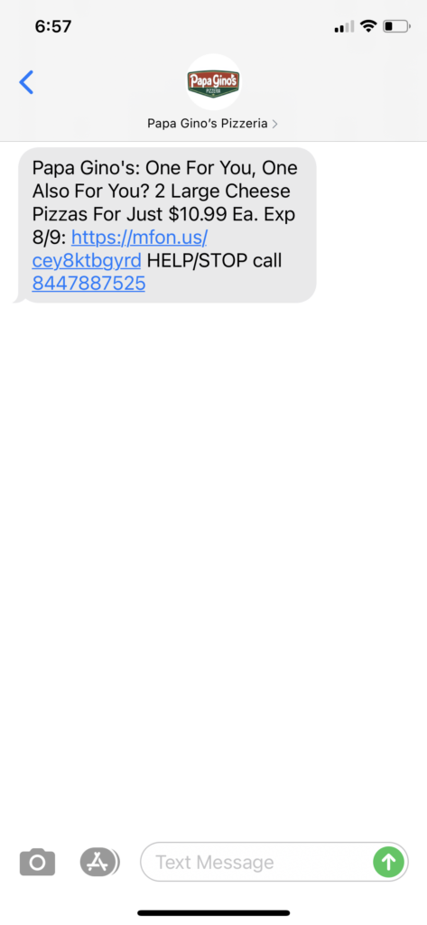 Papa Gino's Text Message Marketing Example - 08.06.2020
