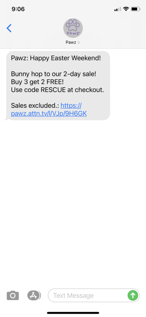 Pawz Text Message Marketing Example - 04.03.2021