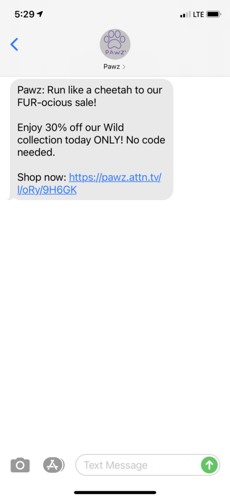 Pawz Text Message Marketing Example - 04.08.2021