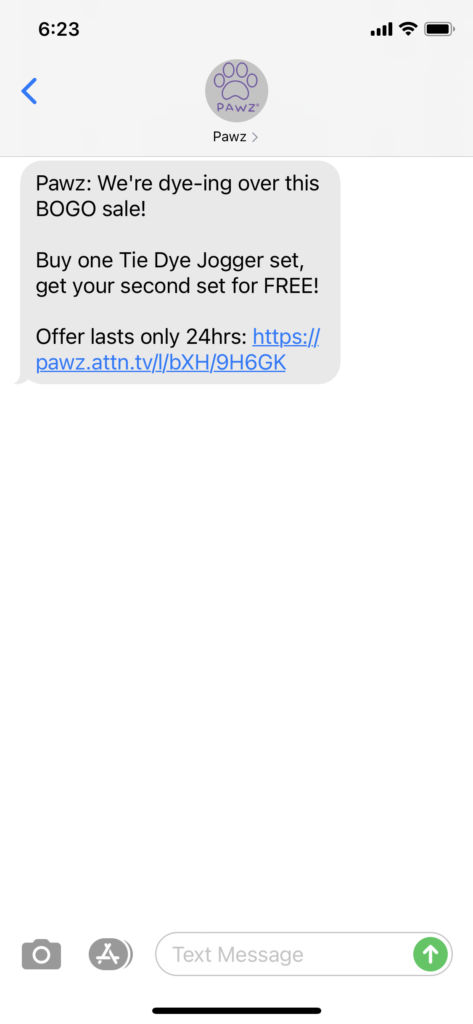 Pawz Text Message Marketing Example - 04.28.2021