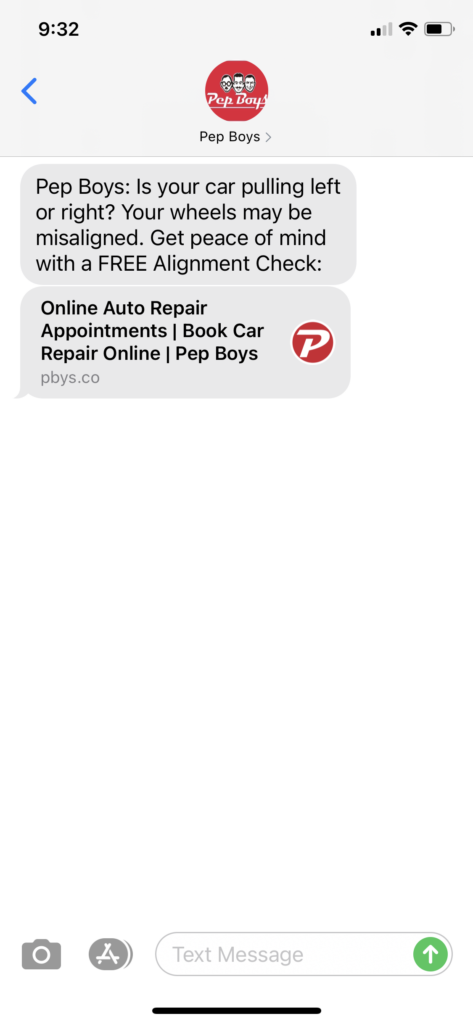 Pep Boys Text Message Marketing Example - 04.16.2021