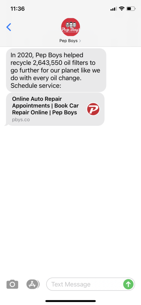 Pep Boys Text Message Marketing Example - 04.22.2021