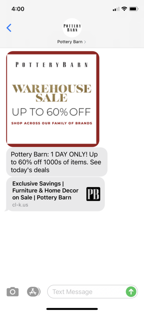 Pottery Barn Text Message Marketing Example - 04.01.2021