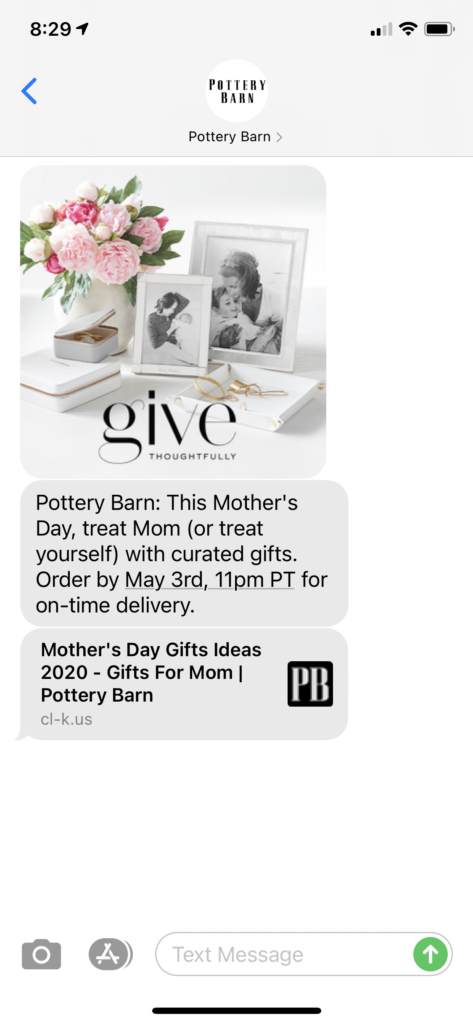 Pottery Barn Text Message Marketing Example - 04.15.2021