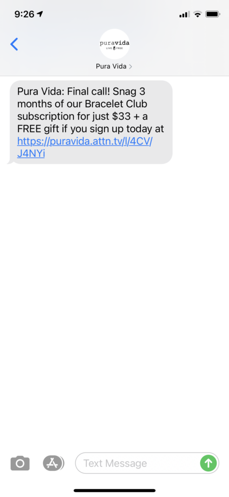 Pura Vida Text Message Marketing Example - 03.22.2021
