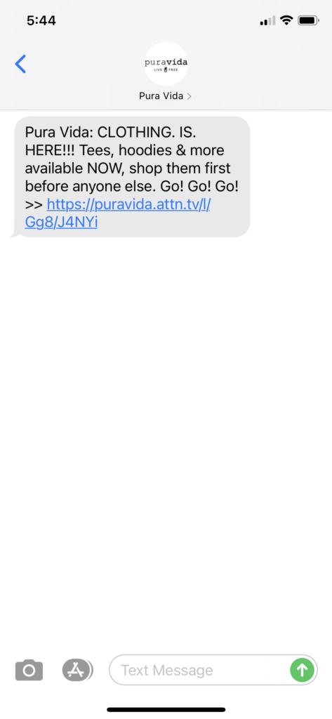 Pura Vida Text Message Marketing Example - 04.12.2021