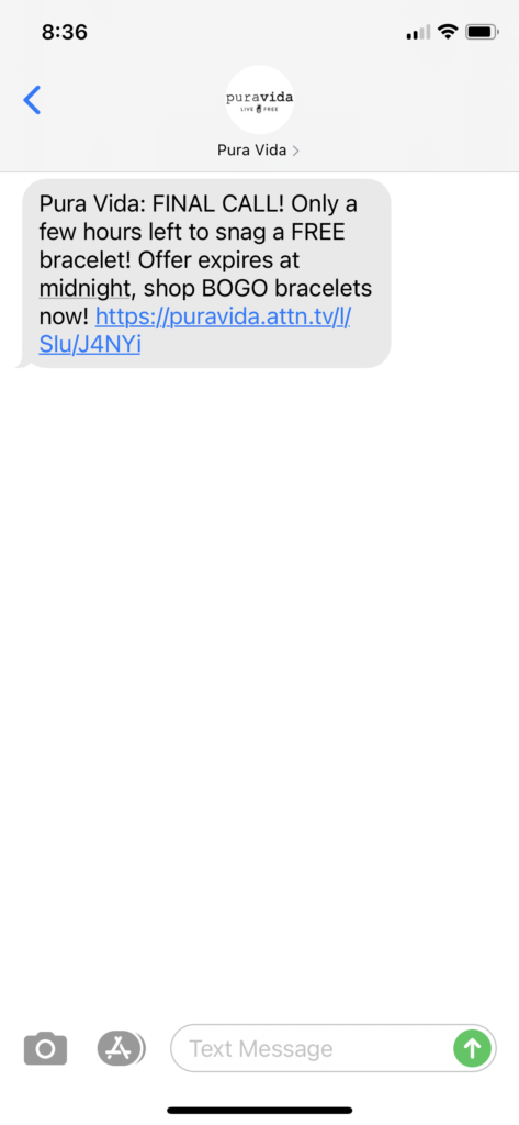 Pura Vida Text Message Marketing Example - 04.14.2021
