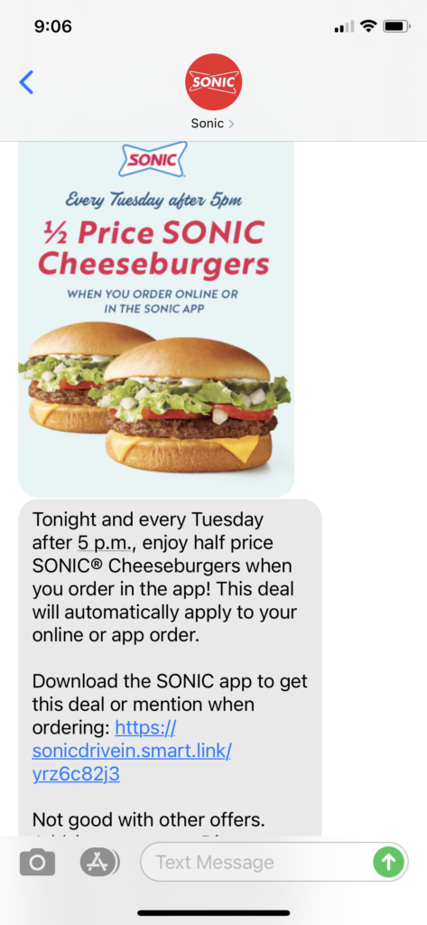 Sonic Text Message Marketing Example - 04.13.2021