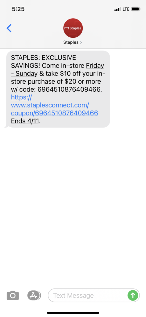 Staples Text Message Marketing Example - 04.08.2021