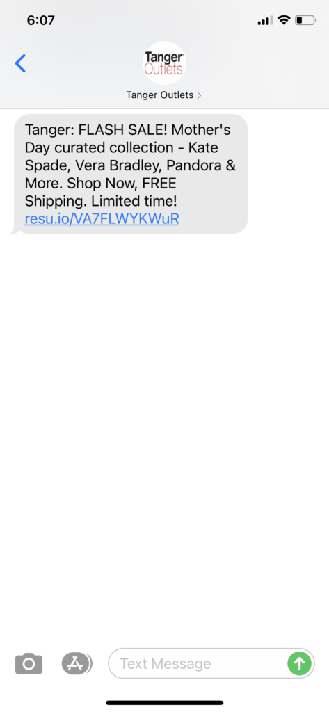 Tanger Outlets 1 Text Message Marketing Example - 04.23.2021
