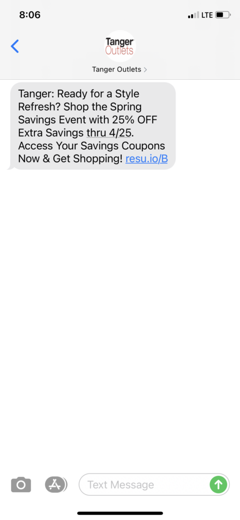 Tanger Outlets Text Message Marketing Example - 04.09.2021