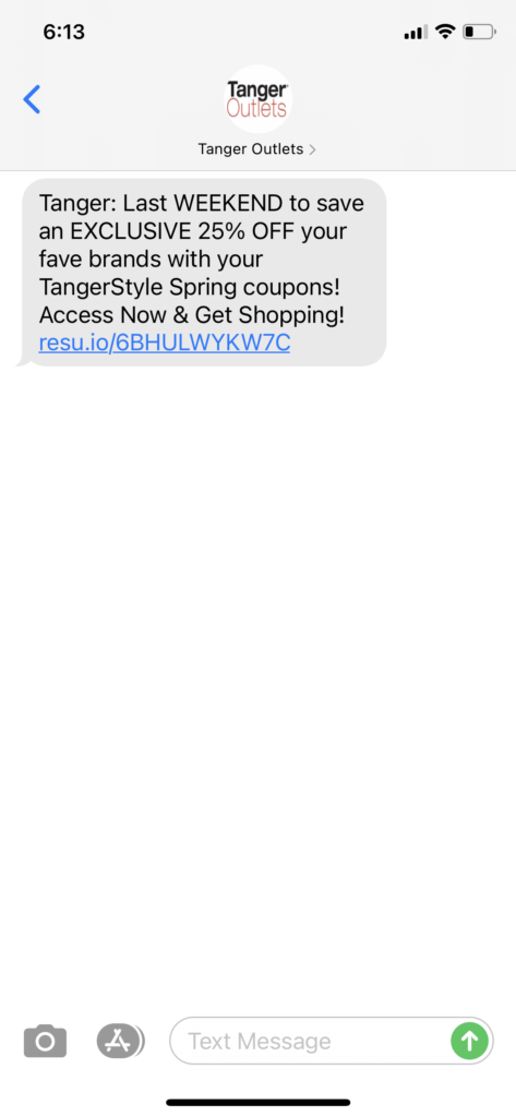 Tanger Outlets Text Message Marketing Example - 04.23.2021