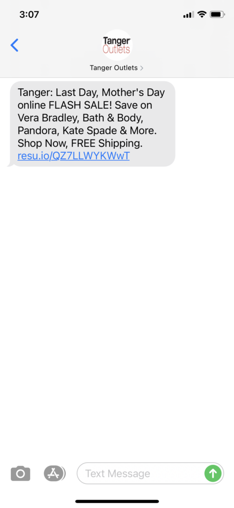 Tanger Outlets Text Message Marketing Example - 04.25.2021