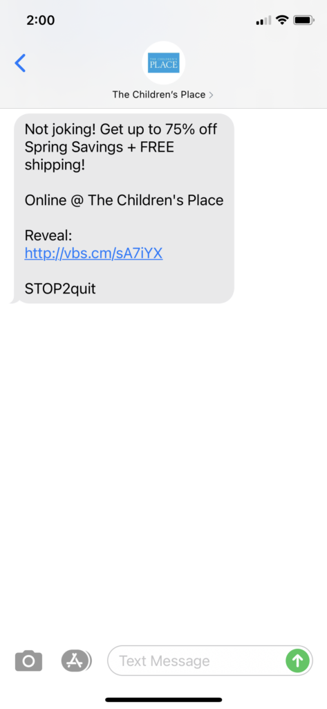 The Children's Place Text Message Marketing Example - 04.01.2021