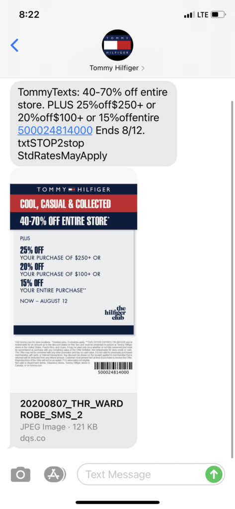 Tommy Hilfiger Text Message Marketing Example - 08.07.2020