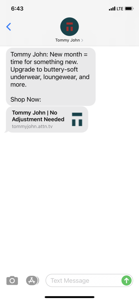 Tommy John 1 Text Message Marketing Example - 08.07.2020