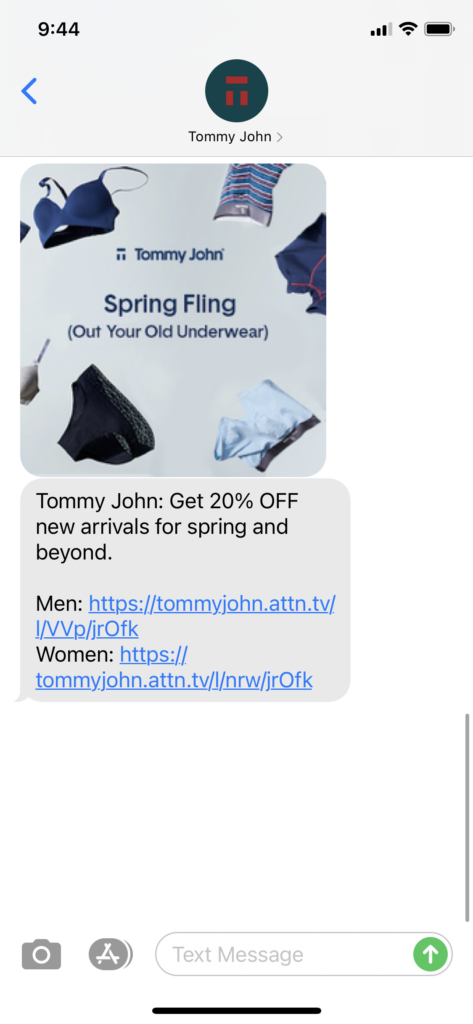 Tommy John Text Message Marketing Example - 03.21.2021