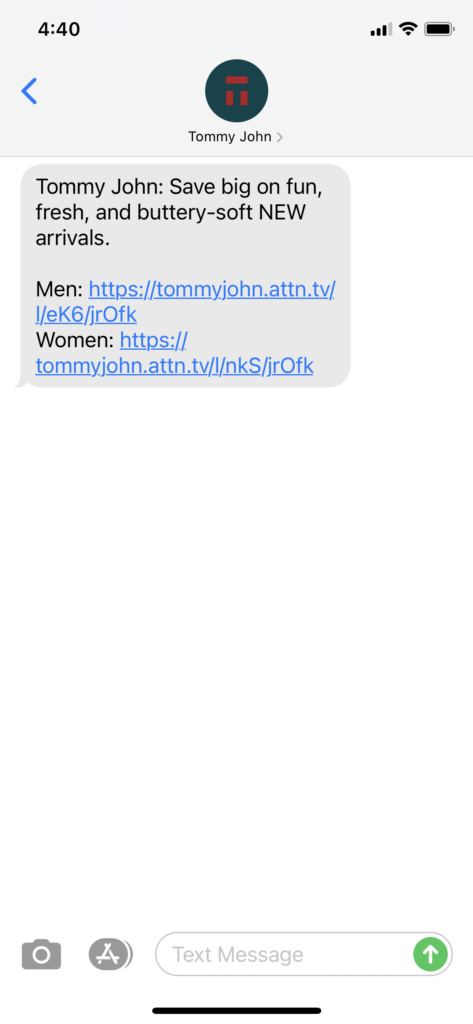 Tommy John Text Message Marketing Example - 04.04.2021