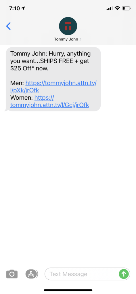 Tommy John Text Message Marketing Example - 04.10.2021