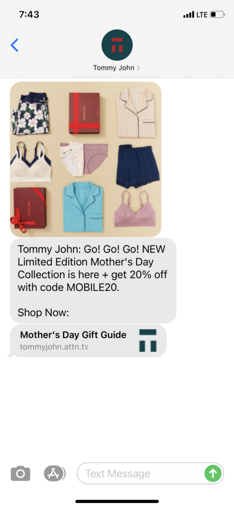 Tommy John Text Message Marketing Example - 04.18.2021