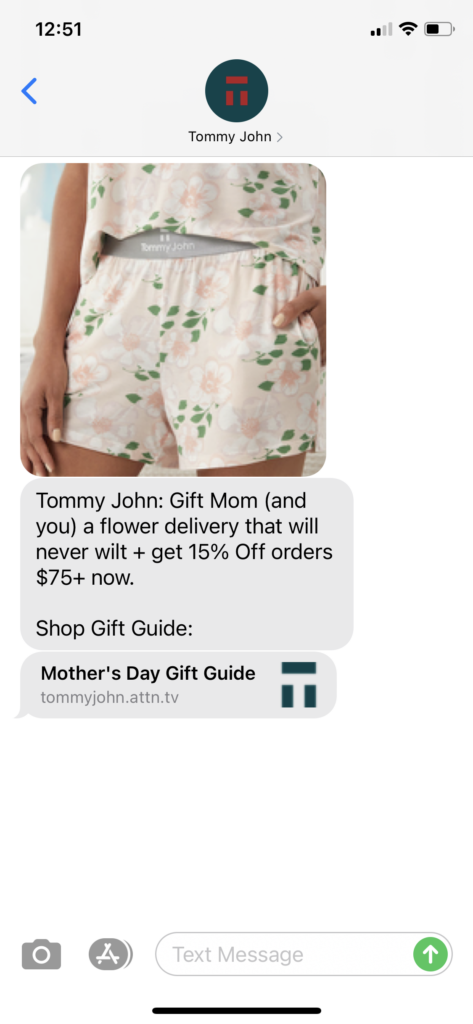 Tommy John Text Message Marketing Example - 04.26.2021