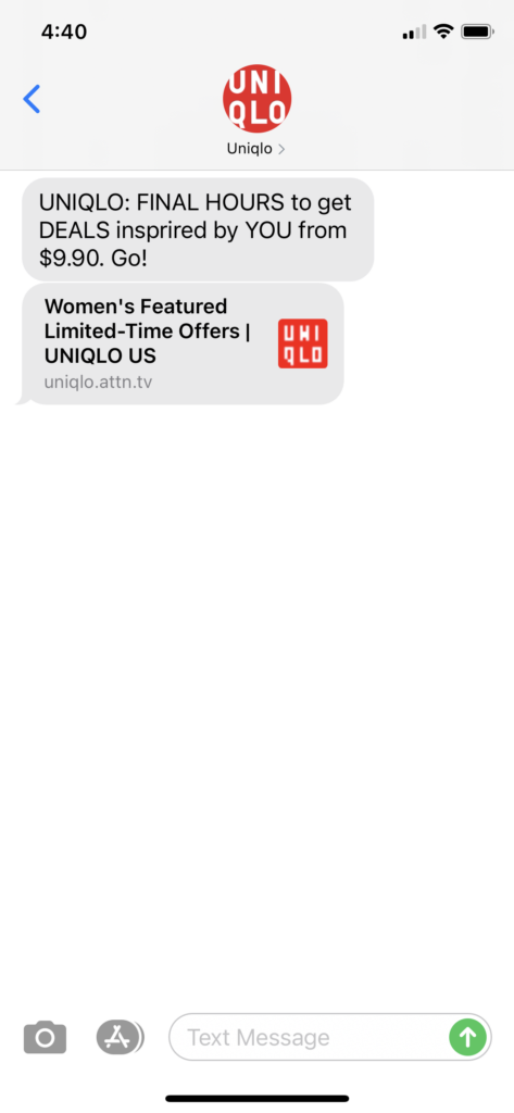 UNIQLO Text Message Marketing Example - 04.04.2021