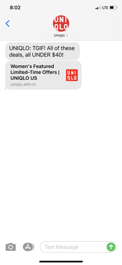 UNIQLO Text Message Marketing Example - 04.09.2021