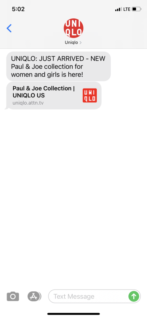 UNIQLO Text Message Marketing Example - 04.20.2021