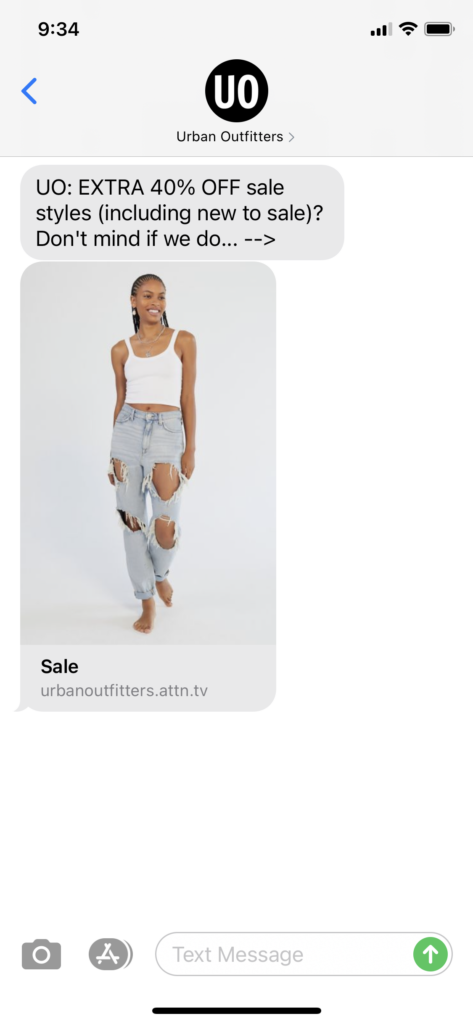 Urban Outfitters Text Message Marketing Example - 03.22.2021