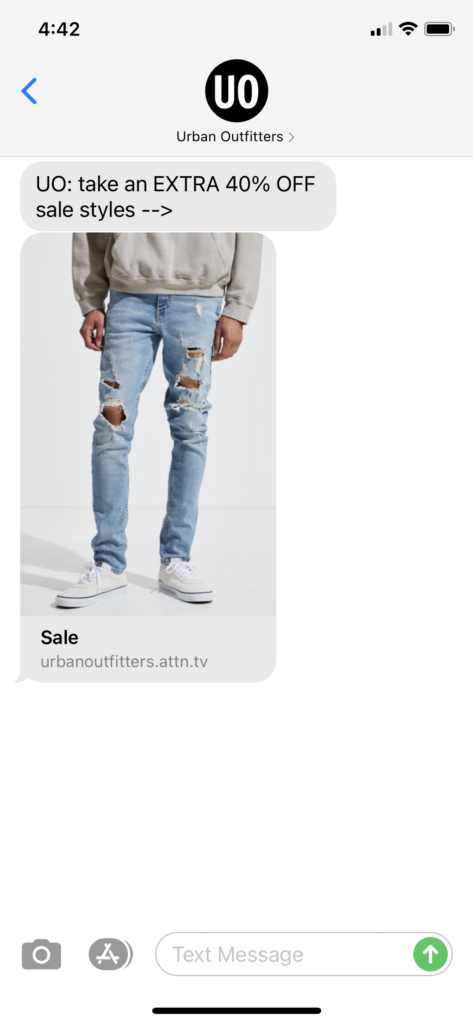 Urban Outfitters Text Message Marketing Example - 04.04.2021