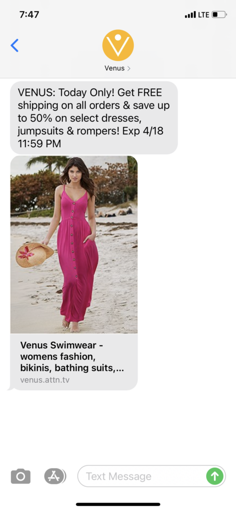 Venus Text Message Marketing Example - 04.18.2021