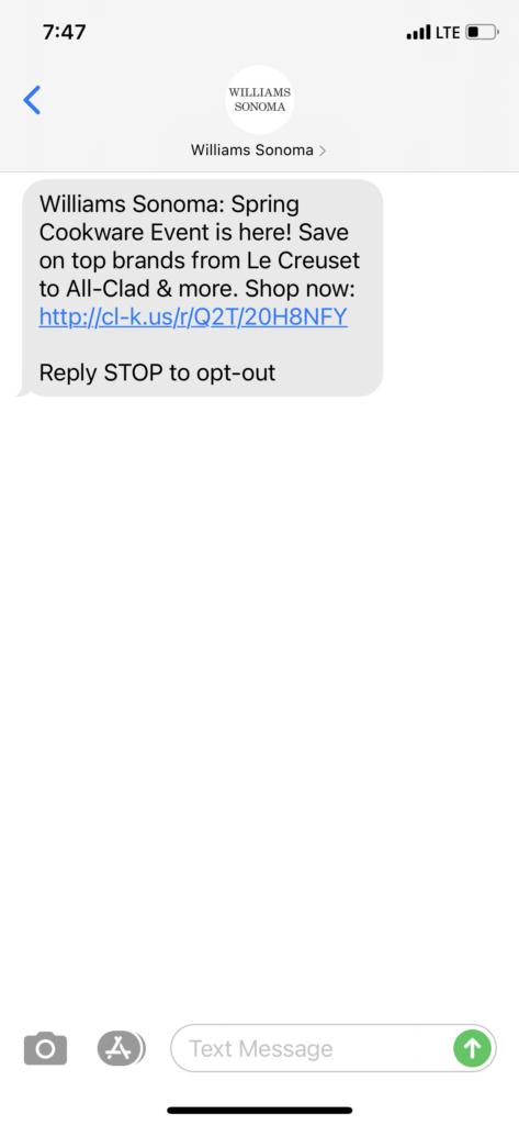 Williams Sonoma Text Message Marketing Example - 04.18.2021