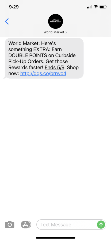 World Market Text Message Marketing Example - 04.16.2021