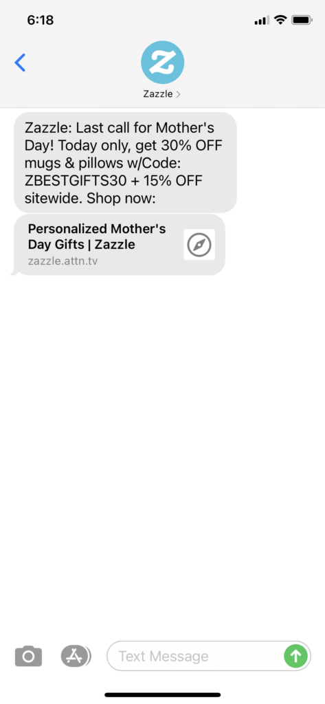 Zazzle Text Message Marketing Example - 04.28.2021