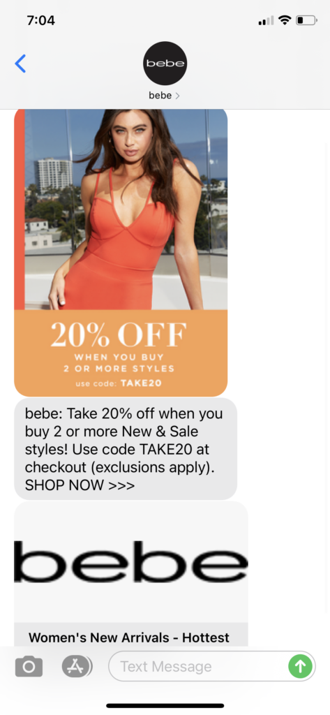 bebe Text Message Marketing Example - 07.28.2020