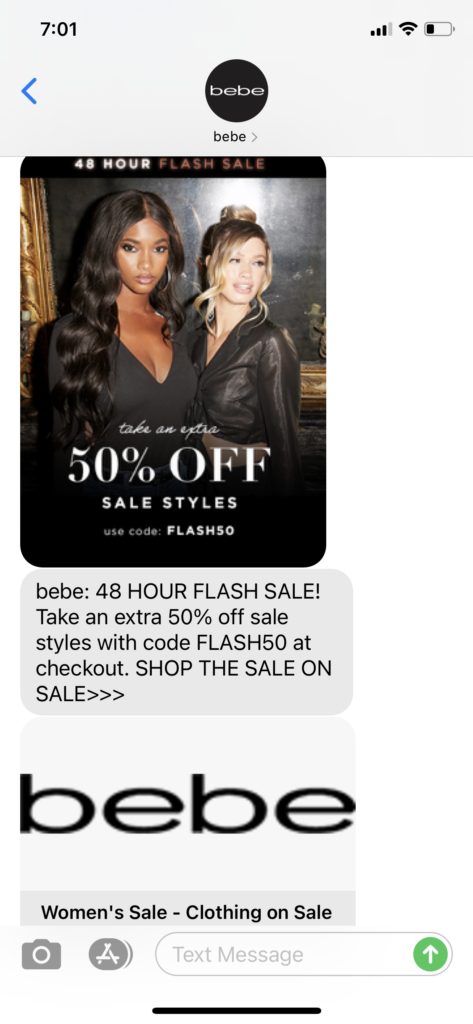 bebe Text Message Marketing Example - 07.30.2020