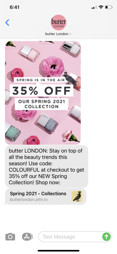 butter London Text Message Marketing Example - 04.10.2021