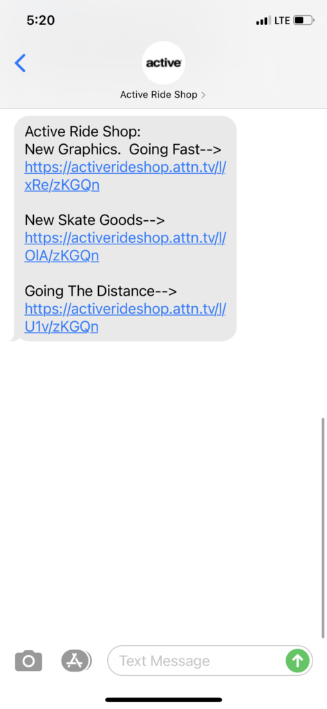 Active Ride Shop Text Message Marketing Example - 05.04.2021