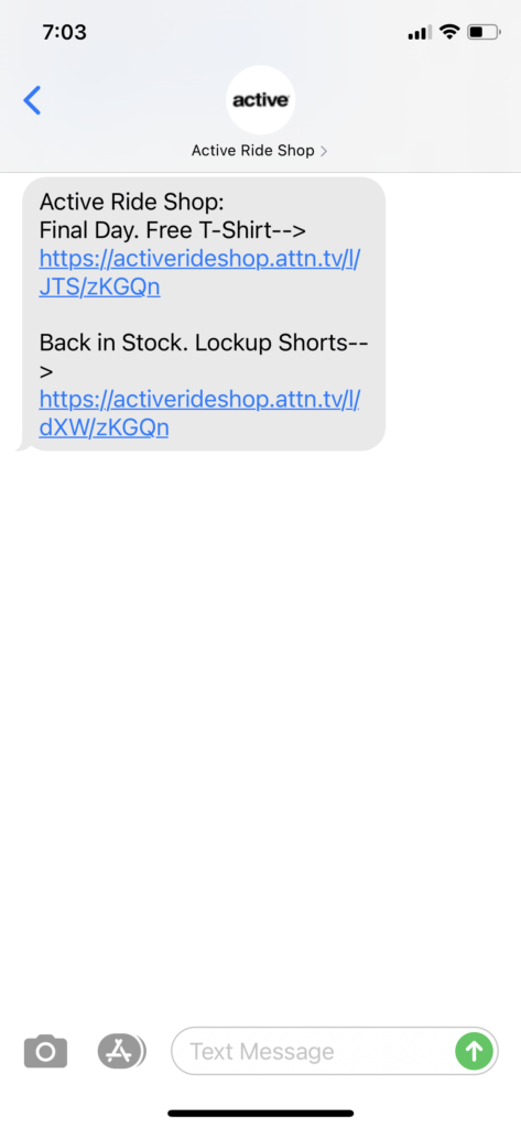Active Ride Shop Text Message Marketing Example - 05.25.2021