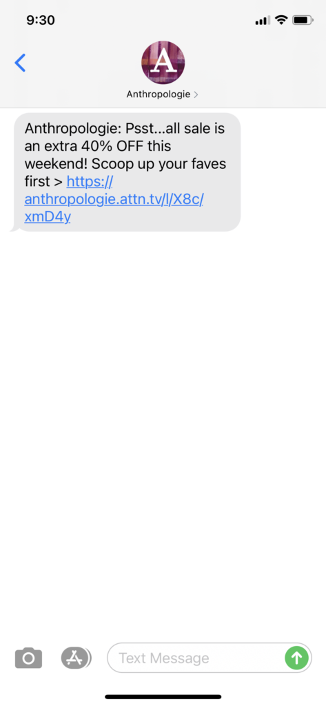 Anthropologie Text Message Marketing Example - 04.30.2021