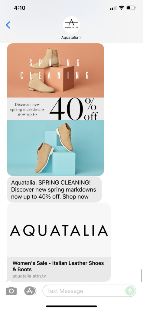 Aquatalia Text Message Marketing Example - 04.19.2021