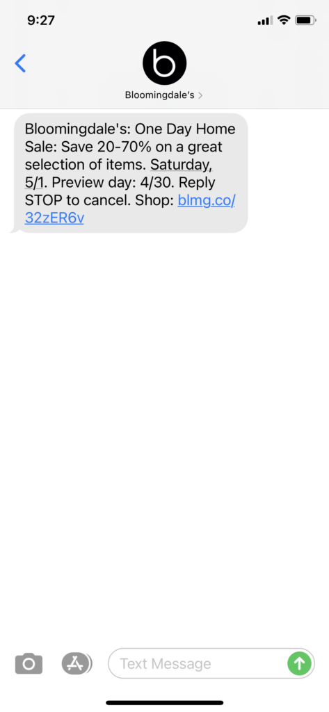 Bloomingdale's Text Message Marketing Example - 04.30.2021