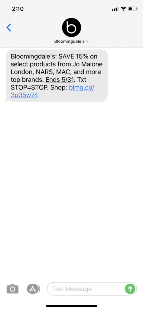 Bloomingdale's Text Message Marketing Example - 05.28.2021