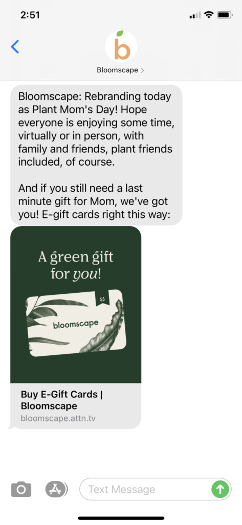 Bloomscape Text Message Marketing Example - 05.09.2021