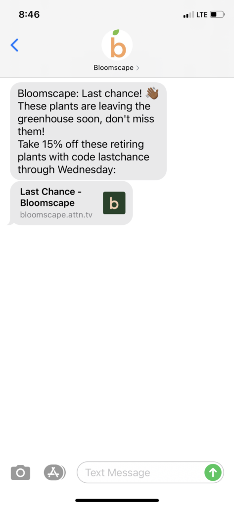 Bloomscape Text Message Marketing Example - 05.16.2021