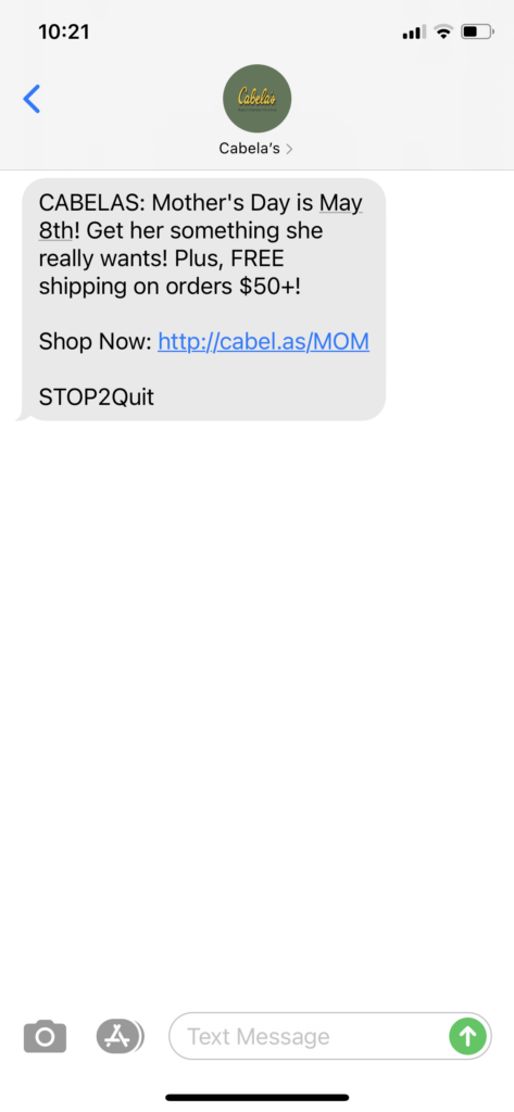 Cabela's Text Message Marketing Example - 04.29.2021